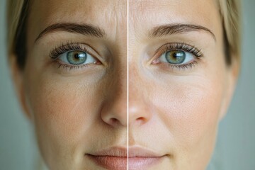 Aufkleber - Close up comparison of a womans face showcasing drawn lines on one side and smooth skin on the other. Generative AI