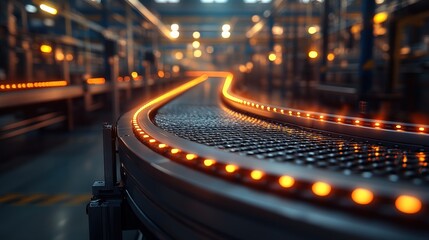 Wall Mural - Close-up view of a factory conveyor belt illuminated by warm lights, showcasing industrial efficiency