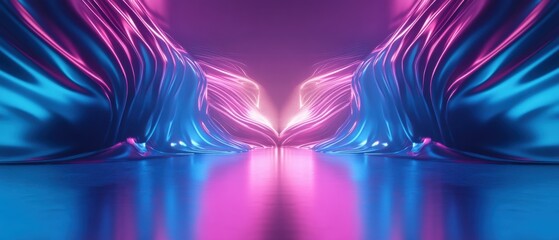 Wall Mural - abstract futuristic stage with neon pink and blue draped fabric, creating a surreal and vibrant back