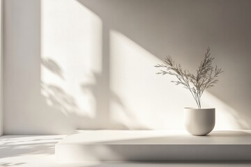 Fototapete - Minimalist interior with a potted plant in natural light highlighting shadows and simplicity. Generative AI