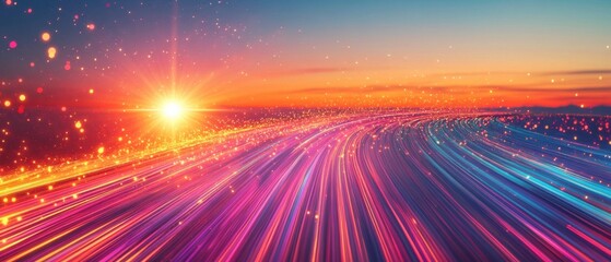 Wall Mural - abstract colorful light trails with glowing particles at sunset, representing high speed data transf
