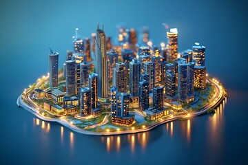Leinwandbilder - Futuristic 3D island city with illuminated skyscrapers and urban landscape surrounded by water, representing smart architecture, innovation and city planning, Generative AI