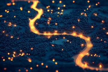 Aufkleber - Glowing path winding through dense forest in night landscape, symbolizing digital navigation, energy flow, connection and futuristic transportation infrastructure, Generative AI
