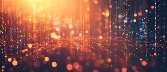 Abstract futuristic cityscape with glowing orange bokeh lights and data streams, representing digital transformation and technology