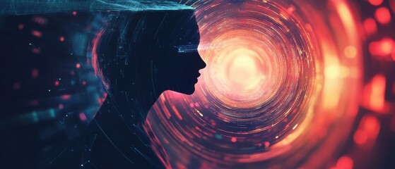 Silhouette of a woman with futuristic glasses against a swirling vortex of light, representing artificial intelligence, technology, and digital transformation