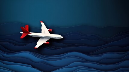 Fototapete - Airplane flying over abstract ocean waves in blue tones creating a modern design concept. Generative AI