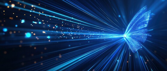 Digital butterfly with glowing blue light trails, symbolizing transformation, technology, and innovation in a futuristic abstract design