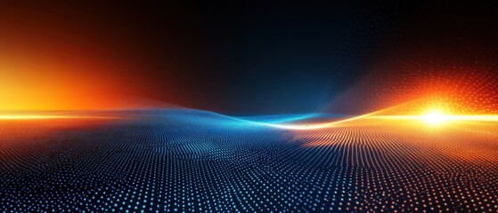 Wall Mural - Abstract digital landscape with glowing horizon and dot grid, representing futuristic technology and data visualization Concept of innovation, connection, and cyberspace