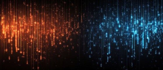 Abstract binary code background with glowing orange and blue data streams Concept of digital technology, cybersecurity, and artificial intelligence