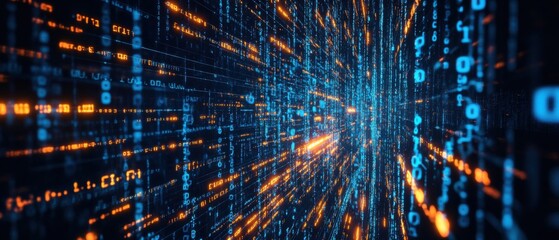 Digital binary code stream with blue and orange glowing data, abstract technology background for cybersecurity and big data concept