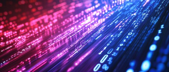 Poster - abstract binary code stream in red and blue, data flow visualization for digital technology and cybe