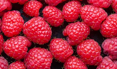 Wall Mural - Background of fresh sweet red raspberries arranged together representing concept of healthy diet.
