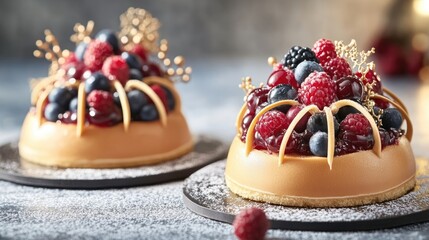 Wall Mural - Two Elegant Berry Cakes Topped with Golden Sprigs on Dark Plates Dusted with Powdered Sugar in Studio Setting