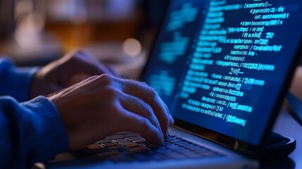 Programmer coding late at night, laptop screen glowing