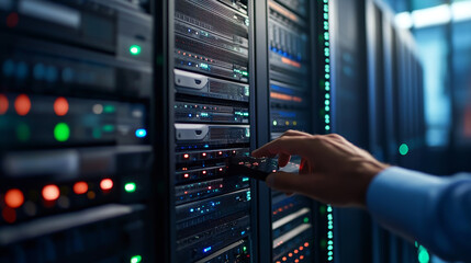 Admin in data center room with server hardware and hologram of computer processor. Engineer or programmer work in information storage office, network and hosting service, Cartoon vector illustration