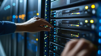 Admin in data center room with server hardware and hologram of computer processor. Engineer or programmer work in information storage office, network and hosting service, Cartoon vector illustration