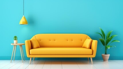 Wall Mural - Brighten up your space with a yellow sofa and wooden table, set against a chic concrete wall and vibrant greenery.