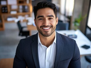 Poster - Professional male smiling, sitting at desk with paperwork and electronic devices.