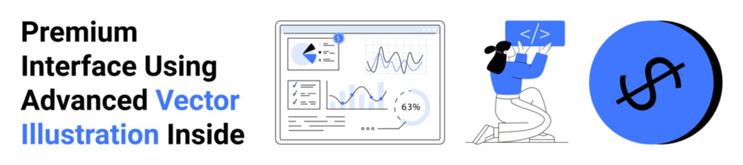 Digital analytics dashboard, developer coding, and dollar sign in blue circle. Ideal for tech, development, finance, analytics, startups education digital marketing. Perfect flat landing page
