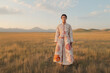 © Moon & Co - Femme en tenue traditionnelle asiatique avec broderies florales dans un champ doré au coucher du soleil
