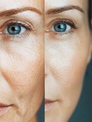 Fototapete - Close up view showing contrast of aging with wrinkles on one side and smooth skin on the other in medical style. Generative AI