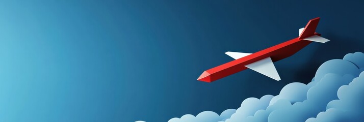 Poster - Bright red airplane soaring through fluffy clouds against a blue sky during a sunny day. Generative AI