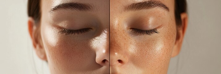 Poster - Close up view of a womans face showcasing skin texture differences in a medical aesthetic presentation. Generative AI