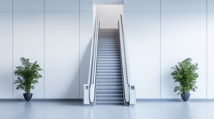 Wall Mural - Modern Indoor Staircase with Escalator Surrounded by Elegant Green Plants in a Bright Contemporary Space