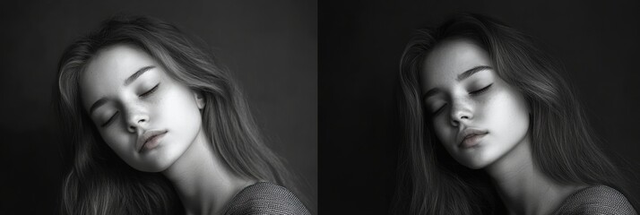 Aufkleber - Mood transformation depicted through a grayscale sad expression and vibrant happiness in a portrait setting. Generative AI