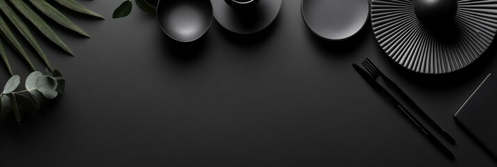 Aufkleber - Elegant black kitchenware arranged with greenery for a stylish dining experience. Generative AI