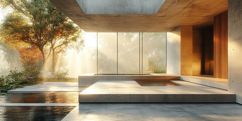 Wall Mural - Minimalist modern concrete interior space with window shadows textures and niche