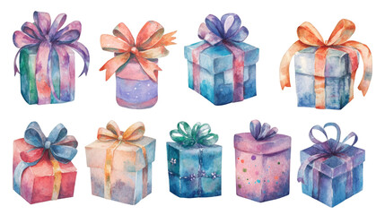 Aufkleber - Watercolor rendering depicting vibrant gift boxes, decorated with ribbons, floating against transparent surface for celebration themes