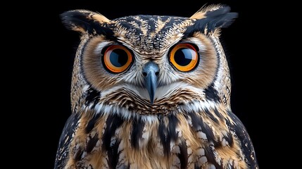 owl portrait, black background, wildlife