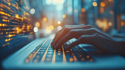 Closeup hands typing on keyboard in modern office for business email communication and online work