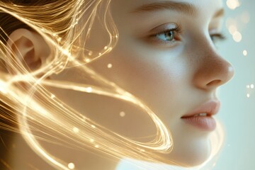 Poster - Golden lines create an uplifting effect around a womans face illustrating a beauty transformation approach. Generative AI