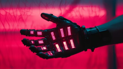 Futuristic cybernetic hand, glowing red lights, neon background