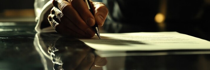 Poster - Professional hand signing important document with pen on glossy table in soft light at elegant office setting. Generative AI