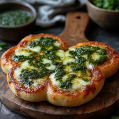 Wall Mural - Image of a St Patricks Day themed pizza, shaped like a shamrock and topped with mozzarella cheese, pesto sauce, and garlic Set against a rustic wooden background, it represents a hea - AI-Generated