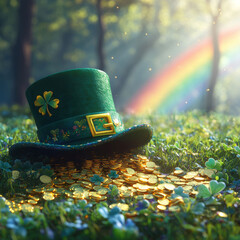 Image showcases St Patricks Day spirit with a vibrant green hat adorned with shamrocks and coins, symbolizing luck or the pot o gold legend set against a lush Irish landscape - AI-Generated