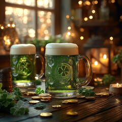 A festive St Patricks Day scene with two green mugs filled with beer on a red and white checkered table, decorated with shamrocks, gold coins, and shamrock leaves - AI-Generated