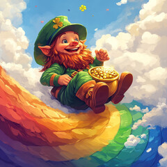 The image features a jovial, mischievous Leprechaun floating on a vibrant rainbow during St Patricks Day celebrations Surrounded by scattered golden coins, the scene represents the h - AI-Generated