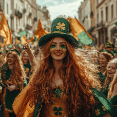 A vibrant individual, dressed in traditional Irish attire with shamrocks, stands out at a St Patricks Day celebration, surrounded by a joyous crowd wearing similar clothing and festiv - AI-Generated