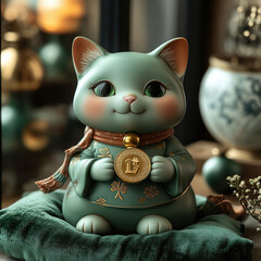 A digital artwork depicts a smiling, happy cat with human features and blue-teal fur, wearing traditional Japanese clothing Its seated on a green cushion amid symbols of St Patricks - AI-Generated