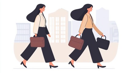 Professional women walking with briefcases in urban cityscape illustration modern environment side view