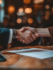 Aufkleber - Business professionals shake hands in a cozy cafe during a contract negotiation meeting. Generative AI