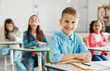 © Home-stock - Smart schoolchildren sitting at school desks, focus on smiling boy with diverse classmates on background. Education concept