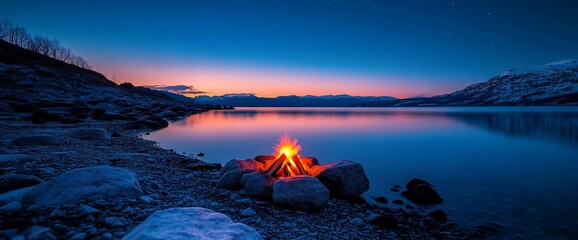 Canvas Print - Lakeside campfire at sunset, tranquil mountains