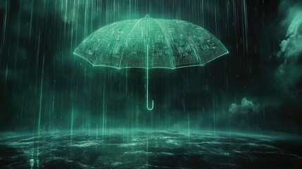 A glowing umbrella of digital matrix and cyber shields covering the Earth, symbolizing global cybersecurity and cloud protection.