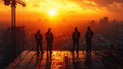 Wall Mural - Construction workers silhouetted against a vibrant sunset, overlooking a city skyline during dusk