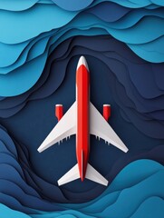 Aufkleber - Airplane flying over abstract waves in blue and white color palette during daytime. Generative AI